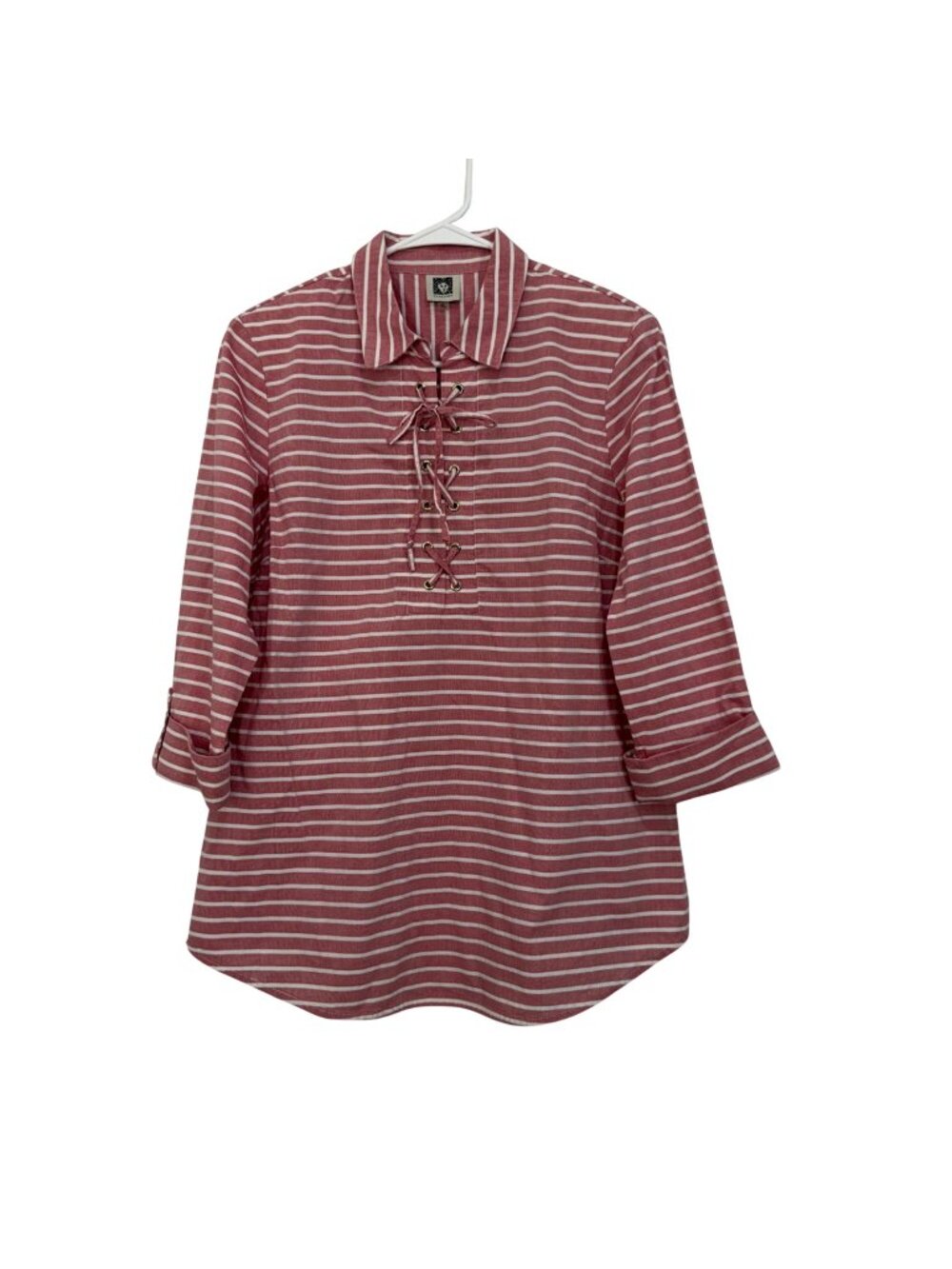 Anne Klein Striped Lace-Up Collared Blouse 3/4 Sleeves Red & White Size M